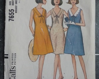 McCall's 7655 Vintage 1960's Sewing Pattern: Flared Dress with Choice of Collars, Size 14 (34-26-36)