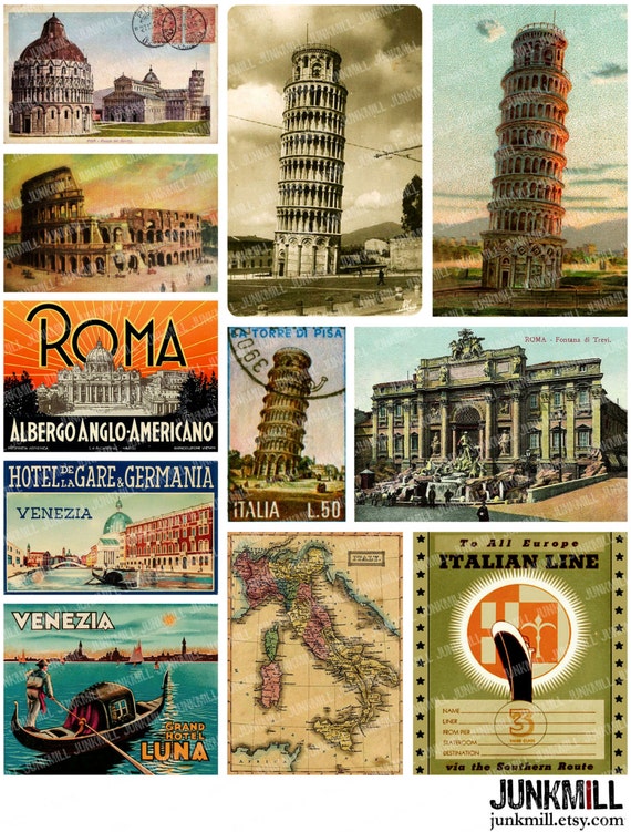 TRAVEL ITALY Digital Printable Collage Sheet Vintage