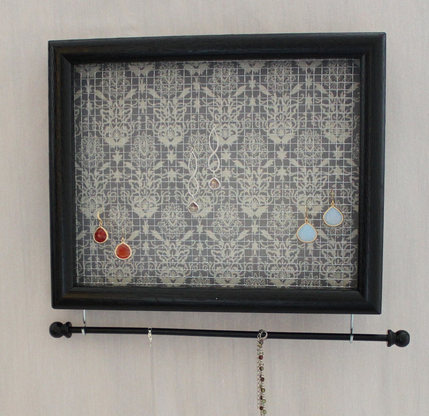 Hanging Jewelry Organizer Grey and Cream Damask