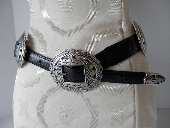 Acorn Concho Belt // Black Ostrich Embossed Leather size 31