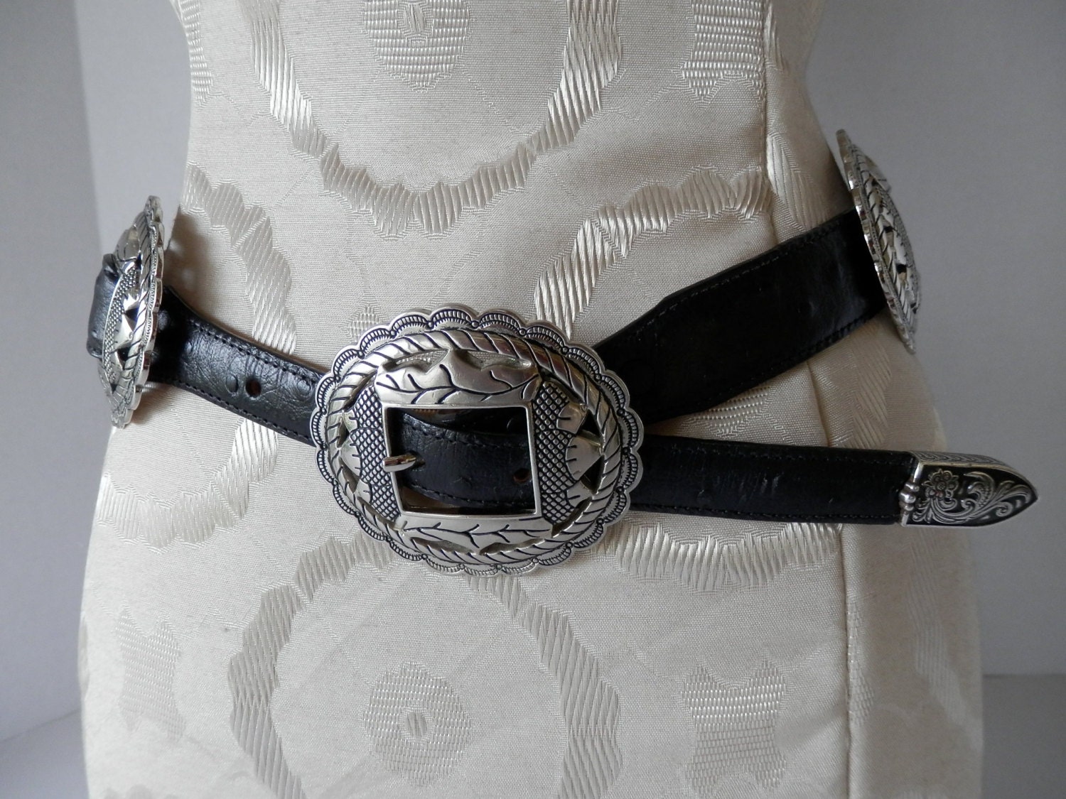 Acorn Concho Belt // Black Ostrich Embossed Leather size 31