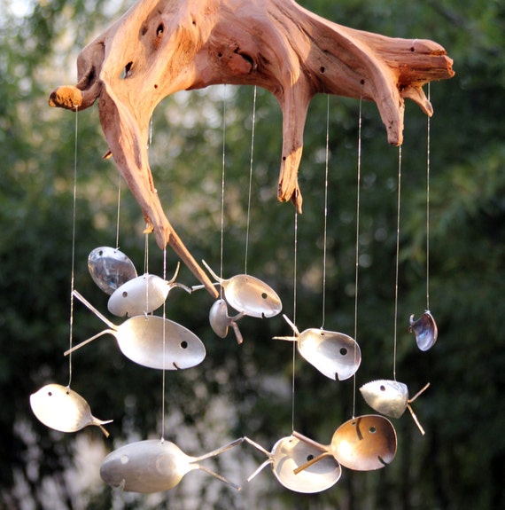 Large Driftwood Spoon Fish Wind Chime Vintage Flatware Large Driftwood Spoon Fish Wind Chime Vintage Flatware Mobile Lawn Decoration Waterfront Cottage