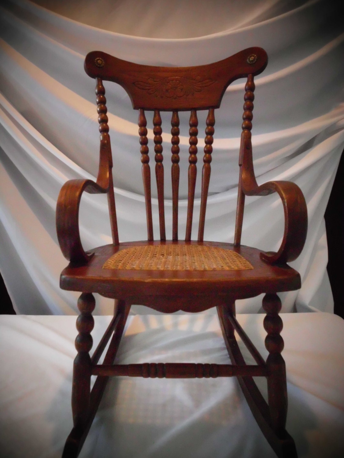 Antique Childs Rocking Chair Oak-Cane-Bentwood Arms Spindle