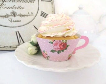 VINTAGE Tea Cup Printable Cupcake Wrappers / Favour Holders - High Tea Rose Design DIY (Choose your colours)