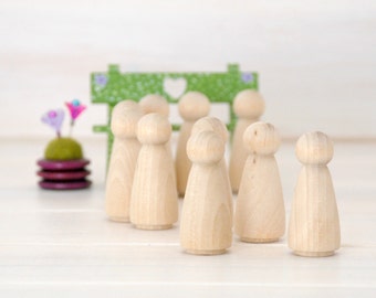 10 Wooden Peg Dolls - Unfinished Wooden People - Girl wood doll - Set of 10 wooden girls in a Muslin Bag - DIY Crafts