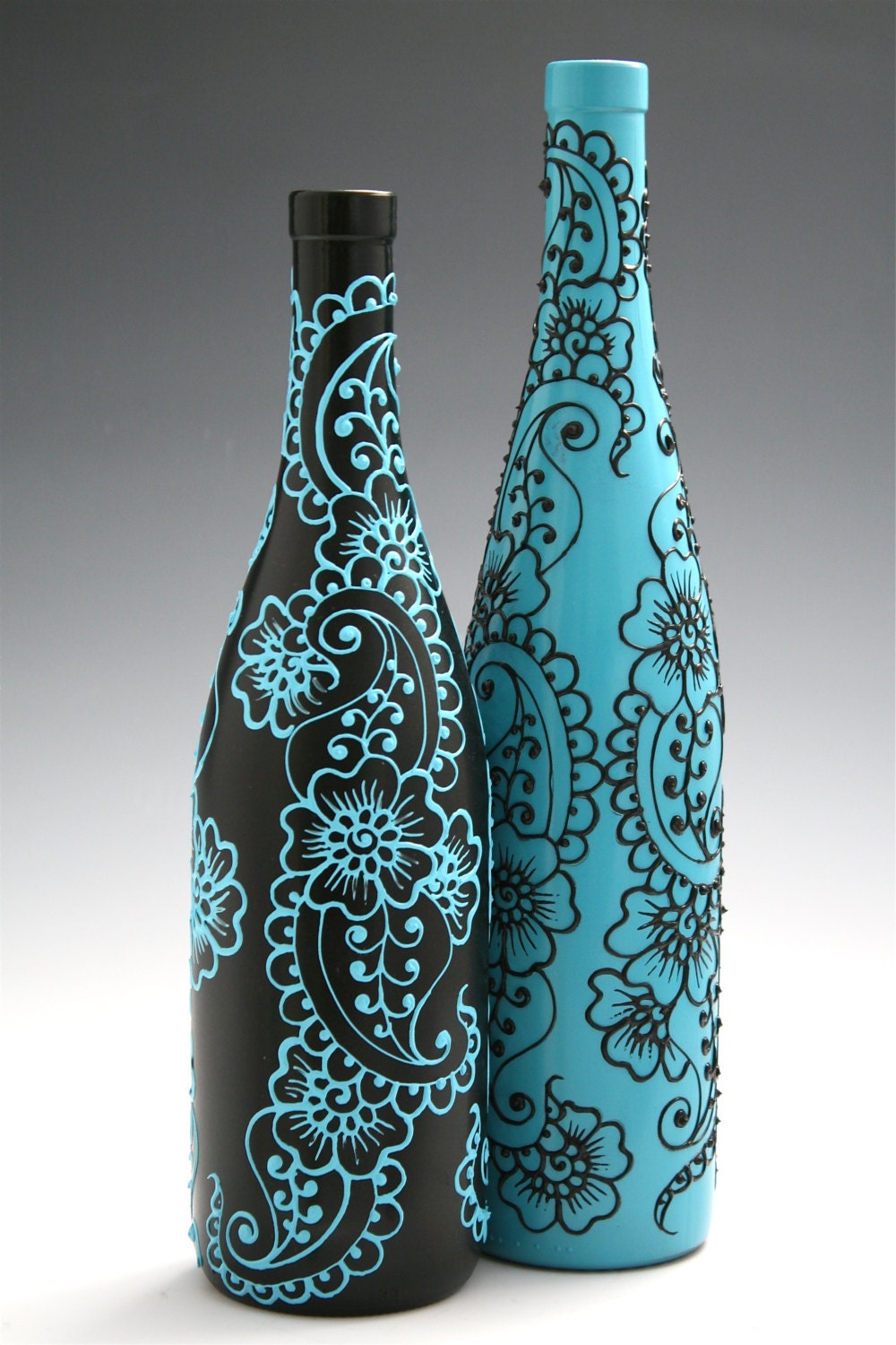 Set Of 2 Hand Painted Wine Bottle Vases Turquoise By Lucentjane