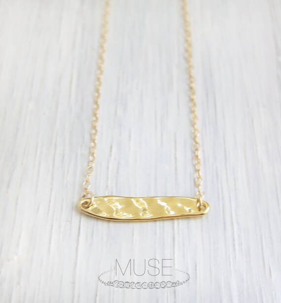 Gold Hammered Bar Necklace 14k Gold Filled Chain by MuseByLAM