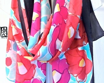 Large Silk Shawl Scarf Hand Painted, Japanese Camellia Floral Scarf, Pink Floral Scarf, Large Silk Wrap. 35x84 inches. 100% Silk.