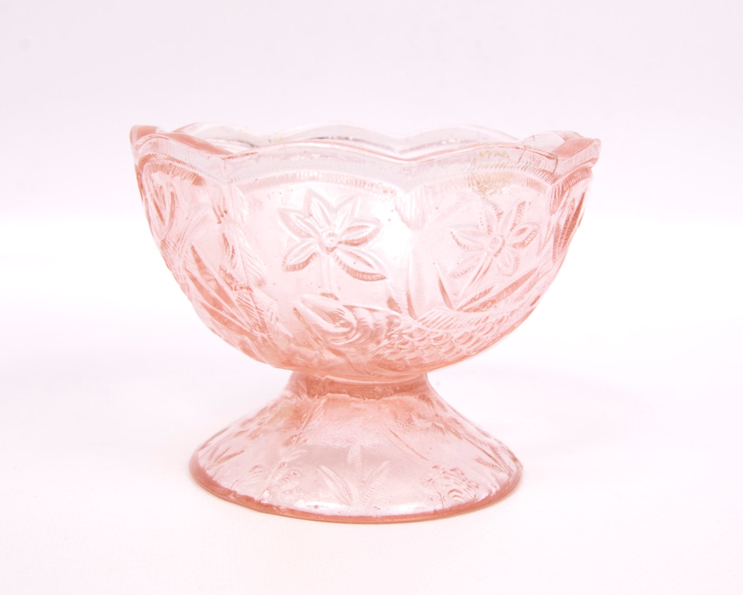 Vintage Pink Footed Bowl Embossed Fish Design Glass Candy Dish