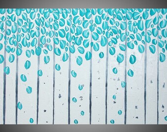Turquoise Wall art deco Birch tree painting abstract acrylic impasto painting on canvas 48 x 24 Ready to Hang Free Shipping Made to Order