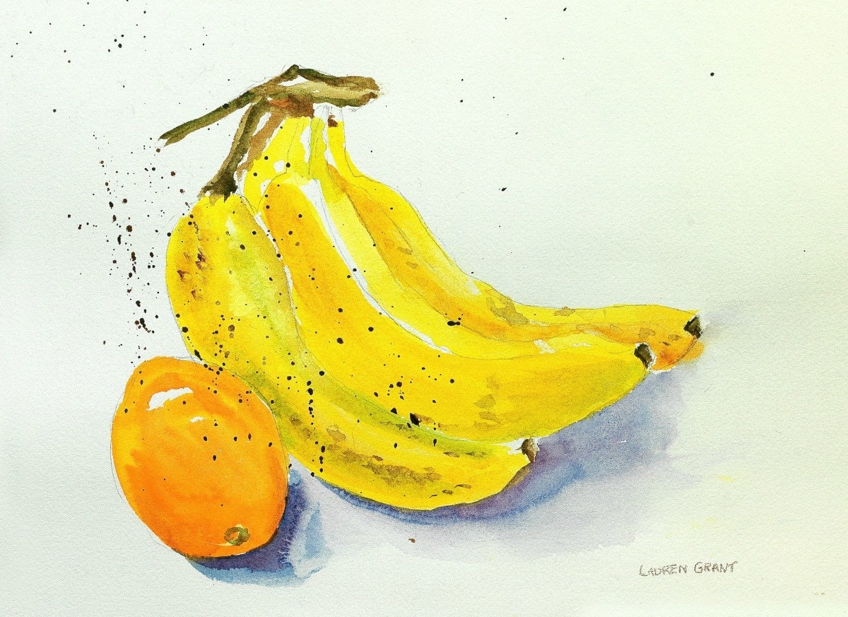 Натюрморт апельсина банан акварелью