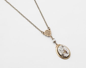 Steampunk Jewelry Steampunk Necklace vintage silver watch movement gears pearl Victorian gold leaf filigree pendant Gift Statement Necklace
