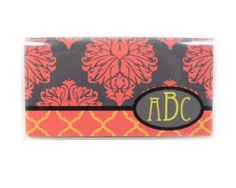 Personalized checkbook cover - Baroque Damask - elegant monogram check book holder - grey, coral, orange
