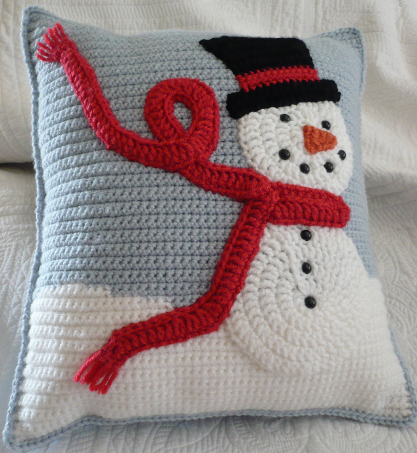 Snuggly Crocheted Snowman Pillow for your Holiday Winter Home