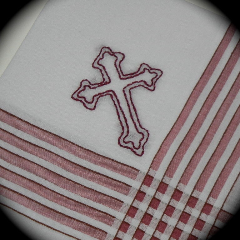 Hand Embroidered Men's Handkerchief Burgundy Cross