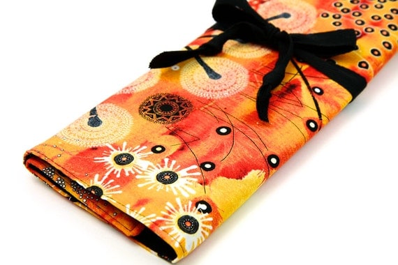 Large Knitting Needle Case - Bellflower Orange - 30 black pockets for straight, circular, double point needles or paint brushes