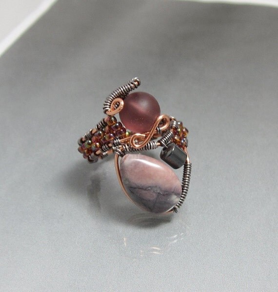 Handmade Stone Bead Wire Wrapped Ring adjustable