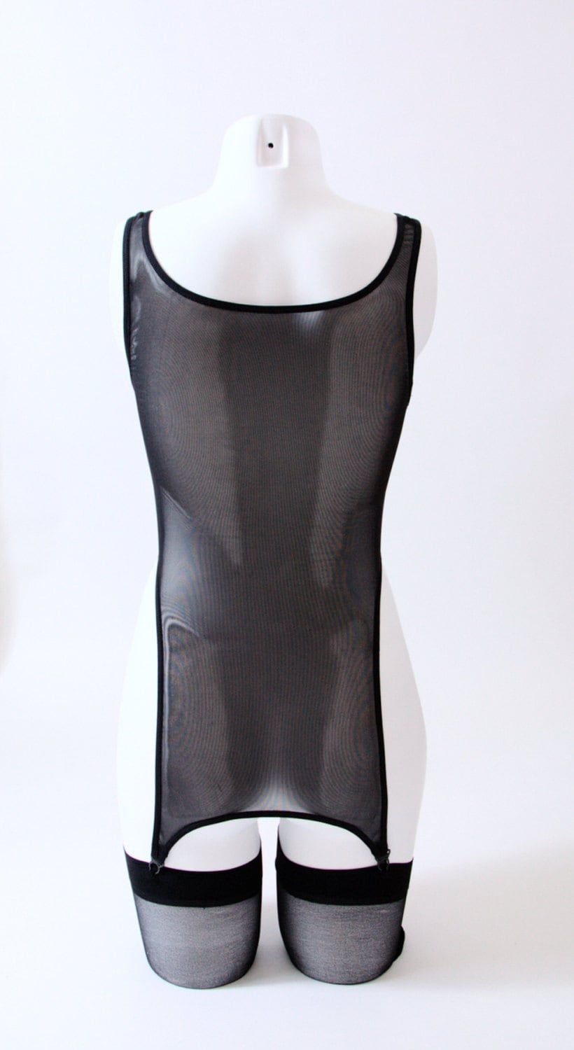 High Cut Garter Tank in black mesh