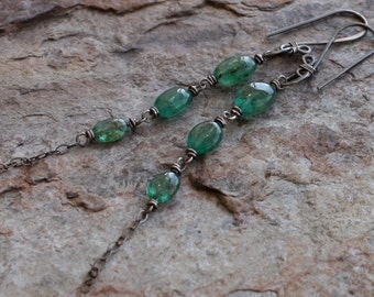 Genuine EMERALD earrings with sterling silver, long linear sterling silver earrings.