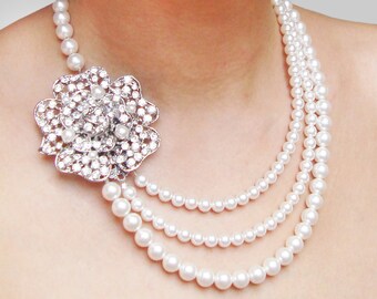 Pearl Bridal Necklace, Vintage Bridal Jewelry, Statement Wedding Necklace, Rose Wedding Necklace, Filigree Rose