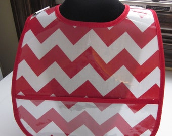 WATERPROOF WIPEABLE Baby to Toddler Wipeable Plastic Coated Bib Red and White Chevron