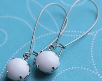 White Vintage Glass Earrings - Silver - Surgical Steel Kidney Earwires