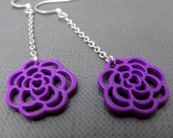 Bright Purple Rose Earrings in Chains // Violet Rose Outline Charm // Neon Spring Trend // Silver Chain Earrings // Gift under 15