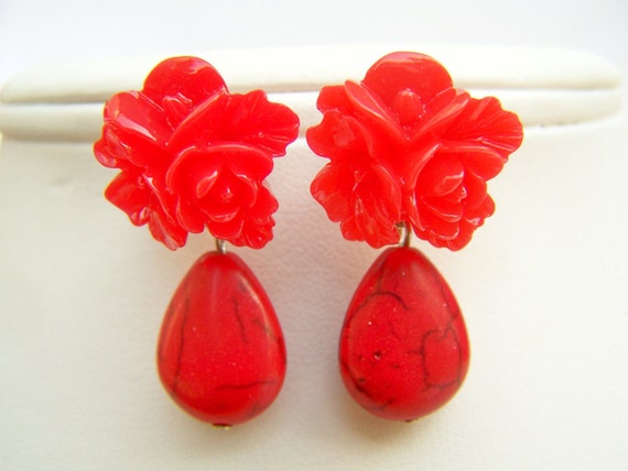 Red Rose Post Earrings with Dangles, Bright Red Flowers & Stone Drops on Studs, Bridesmaids Flower Posts - Farah
