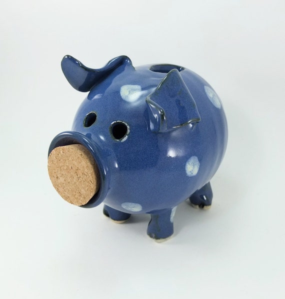 piggy bank glazed denim blue and polka dots