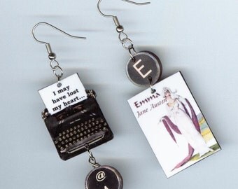 Book Earrings - Emma Jane Austen quote - typewriter key jewelry - Librarian book club readers gift
