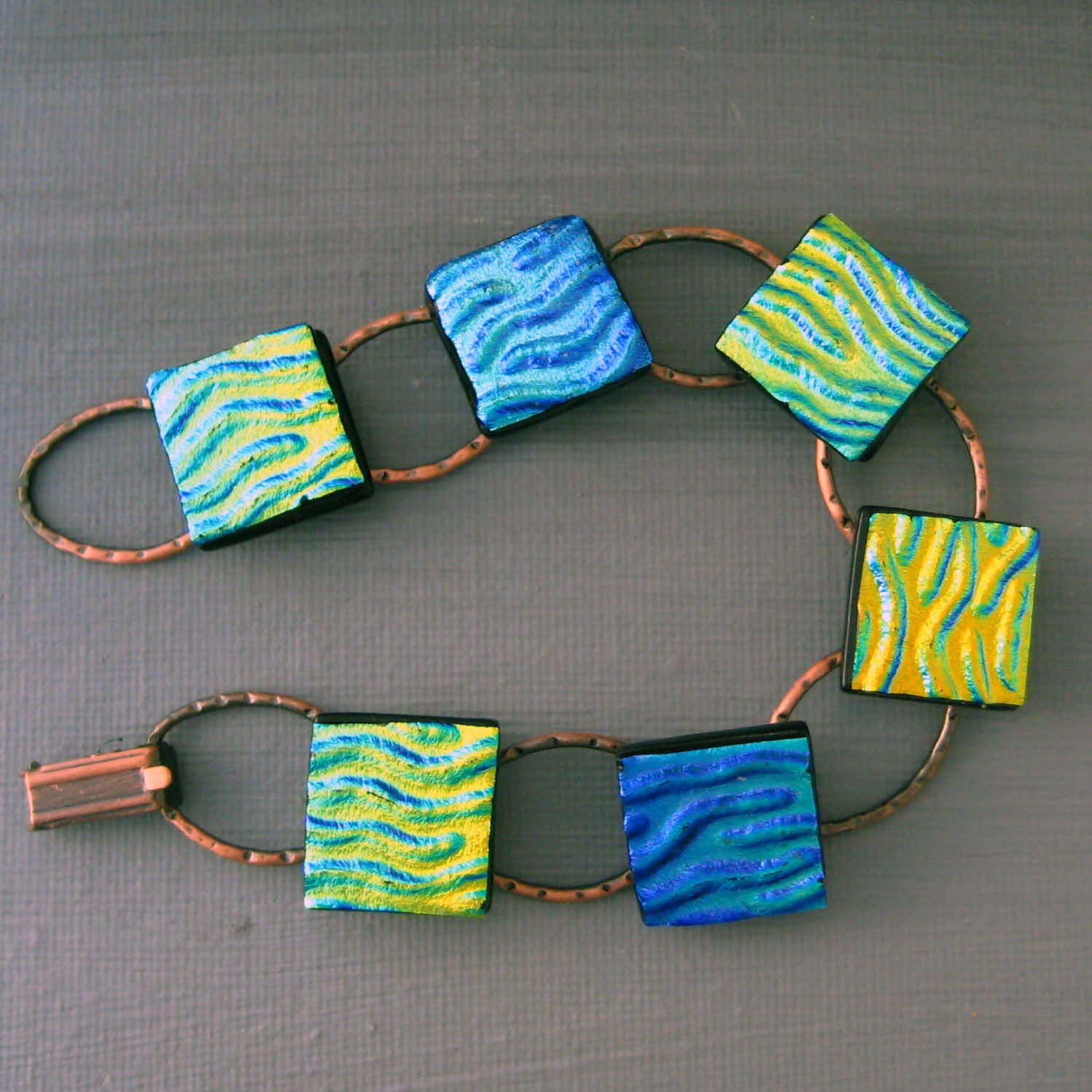 Fused Glass Link Bracelet Dichroic Bracelet Blue and Green