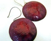 LAST PAIR - Hey Jupiter - Huge Enamel Copper Round Disc Earrings, Rose Pink, Crimson Red, Tribal Jewelry on Sterling Silver Dangly Wires