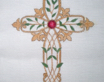 Handpainted Green Cross with Leaves needlepoint canvas