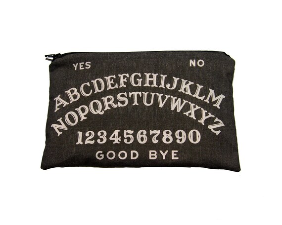 Ouija Board Makeup Bag / Pencil Pouch - Charcoal Black/Gray with White Letters - Spooky - Vintage Halloween