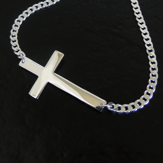 Men's Sideways Cross Necklace On A Sterling Silver Curb