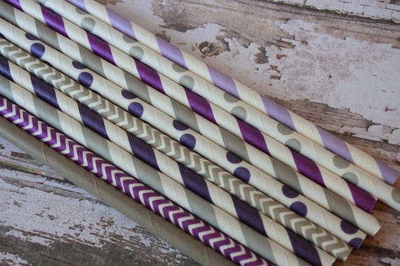 25 Purple & Gray Paper Straws -- Lavender - Grey Drinking Straws Il_570xn