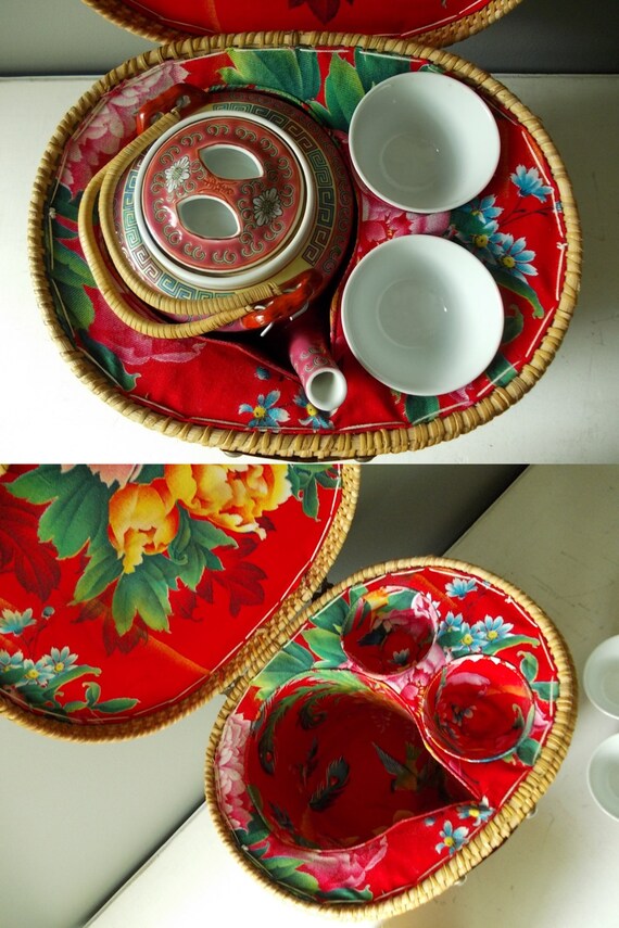 Vintage Chinese Tea Warmer Set Tea Pot and Cups in Rattan
