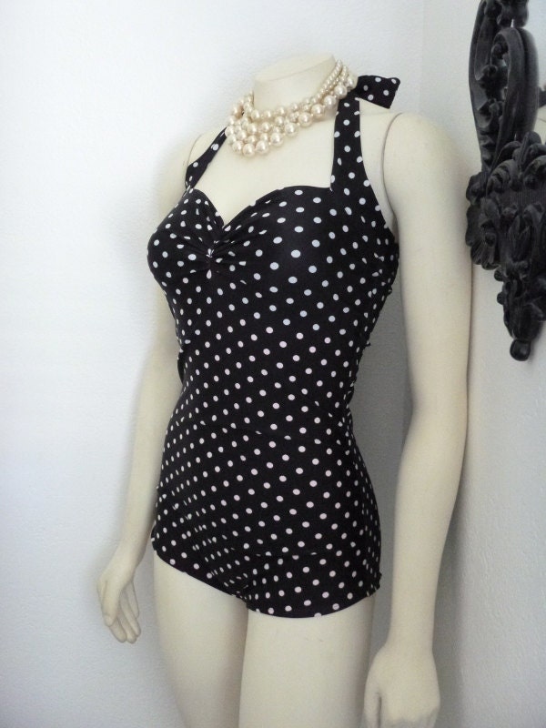 Black And White Polka Dot One Piece Pin Up Maillot Swimsuit