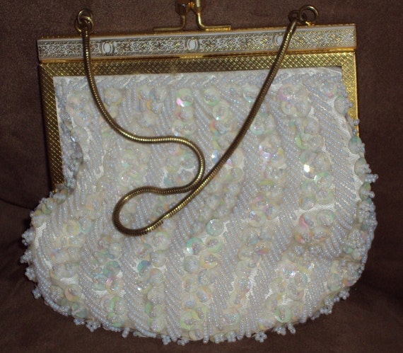 Sequined / White Iridescent Beaded Purse / Evening Bridal