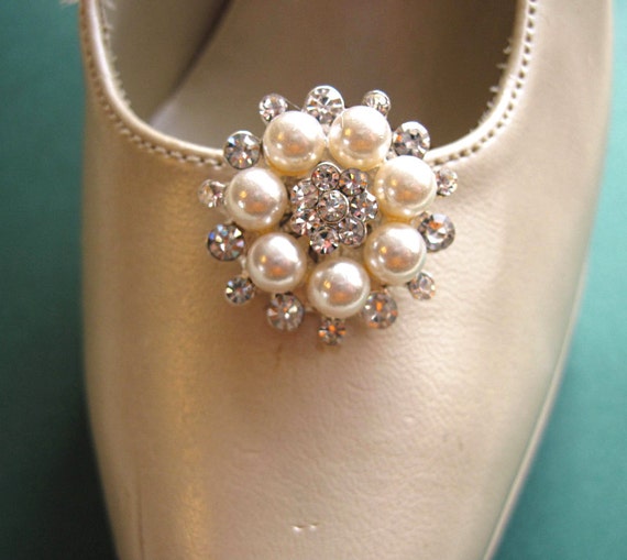 Bridal Shoe Clips Ivory Pearl and Crystal by MissJoansBridal