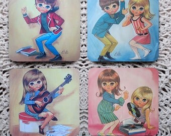 Dance Party -- 70s Big-Eyed Kids Mousepad Coaster Set