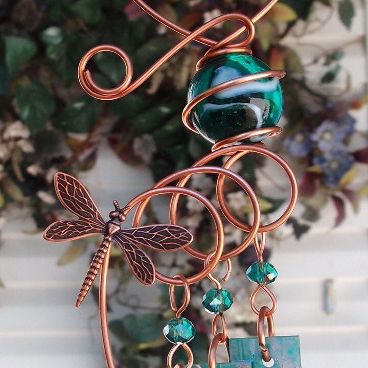 Dragonfly Wind Chimes Copper Garden Art Sculpture Stained Zoom
