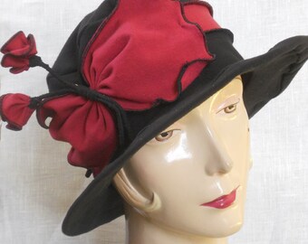 Ladies Travel Hat - Organic Jersey - Mary Poppins Hat- Black and Red - Mary