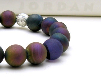 Peacock Druzy Modern Beaded Bracelet, Purple Teal, On Trend, Gift for Girlfriend Under 100
