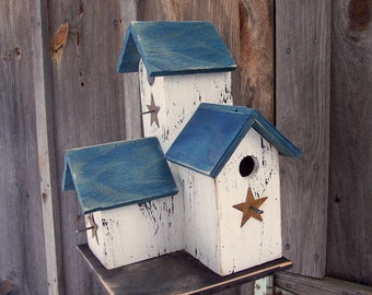 Primitive Country Condo Birdhouse White and Blue Three Nesting Boxes
