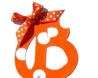 Orange & White Polka Dot Cursive Letter...Fabric Iron On Applique...Ribbon Included... You Choose Your Own Letter