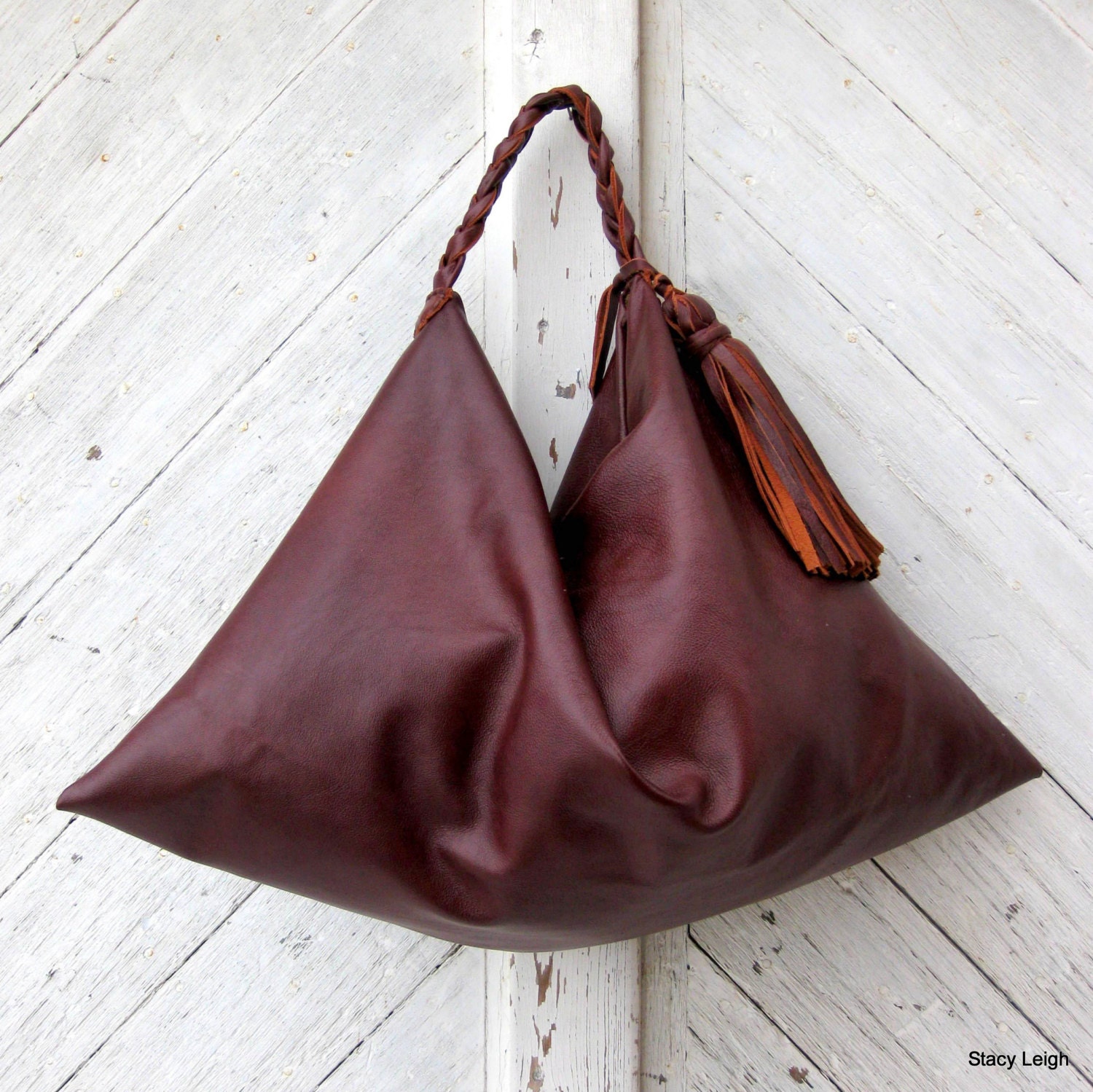 Large Slouchy Leather Hobo Bag in Burgundy Oxblood with Tassel