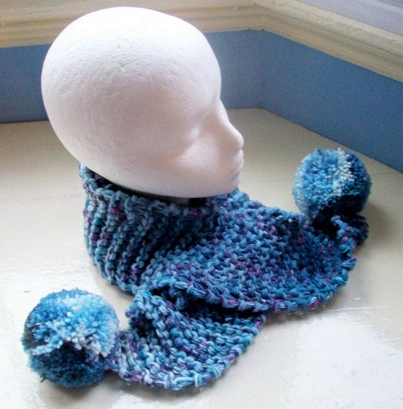 Vegan pompom scarf blue purple flecks knit fun by SpinningStreak