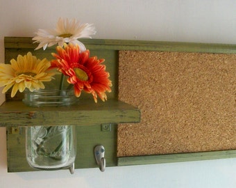 Retro Lime Green Avocado Color Wood Wall Shelf Cork Bulletin Board Message