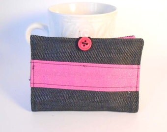 Tea Wallet, Tea Bag Holder, Business Card Holder - Dark Denim and Hot Pink - READY MADE
